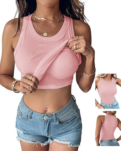 CHICME Women Built-in Bra Tank Tops Sleeveless Racerback Ribbed Fitted Tops