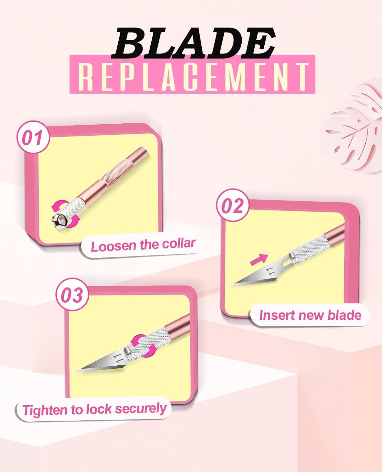 DIYSELF Exacto Knife Set with 10 Extra #11 Blades, 6-Inch Metal Ruler, Pink