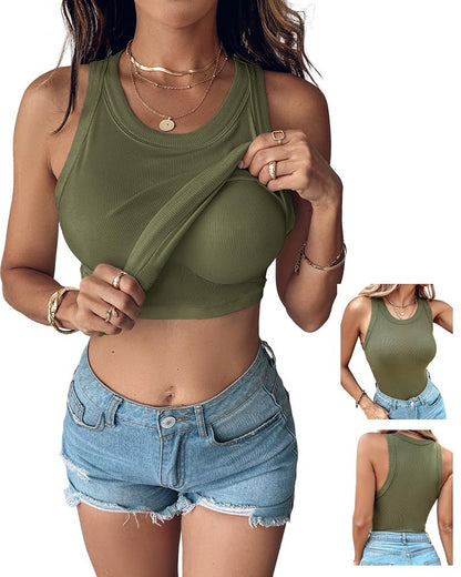 CHICME Women Built-in Bra Tank Tops Sleeveless Racerback Ribbed Fitted Tops