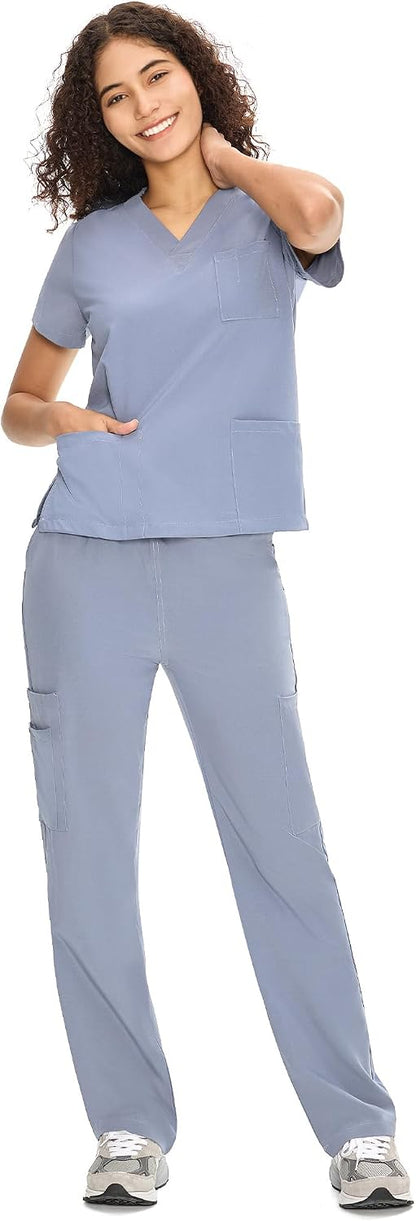 COZYFIT Scrubs for Women Set - V-Neck & Straight Leg Pants with 9 Pockets