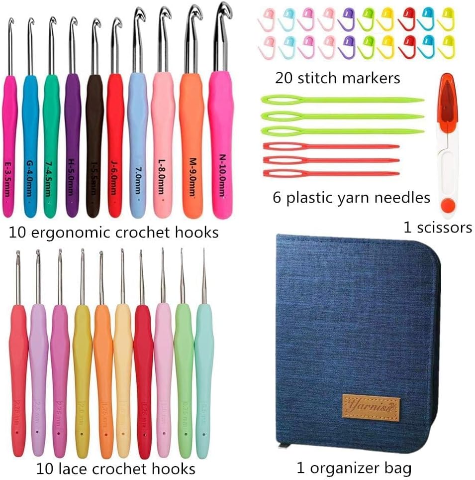 Yarniss Crochet Hooks,14 Size Ergonomic Crochet Hooks Set 2mm(B)-10mm(N)