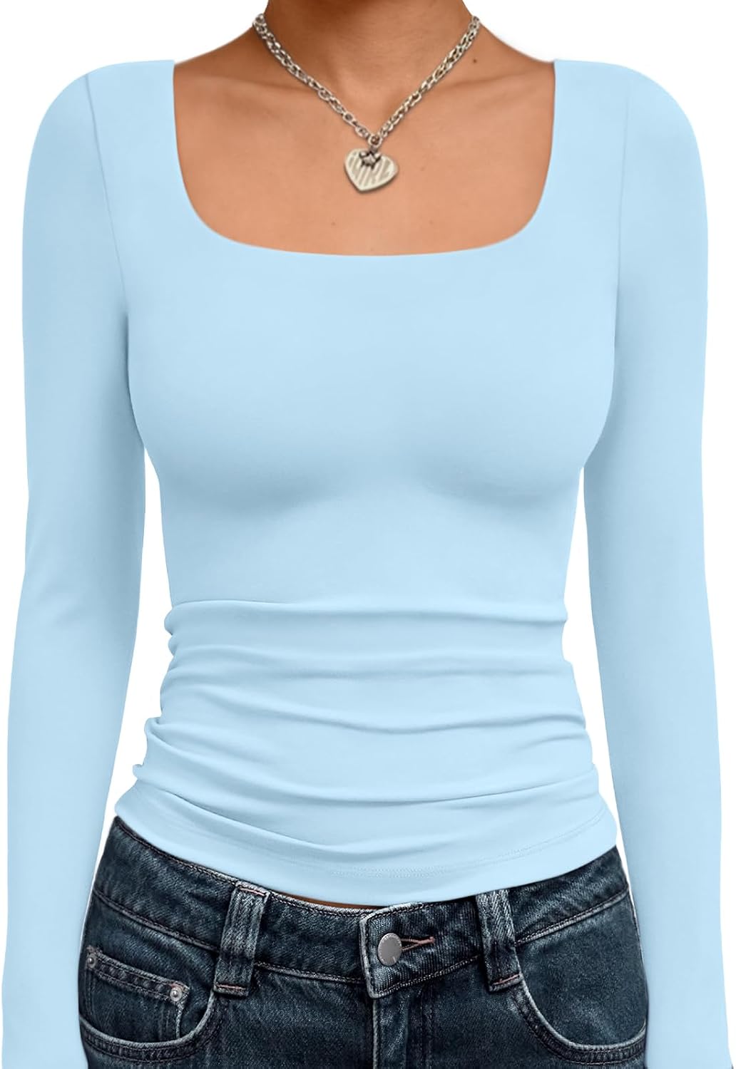 Trendy Queen Womens Square Neck Long Sleeve Shirts Double Lined Fall Tops