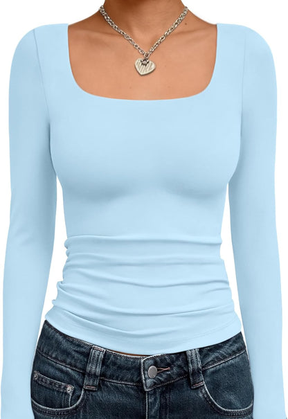 Trendy Queen Womens Square Neck Long Sleeve Shirts Double Lined Fall Tops