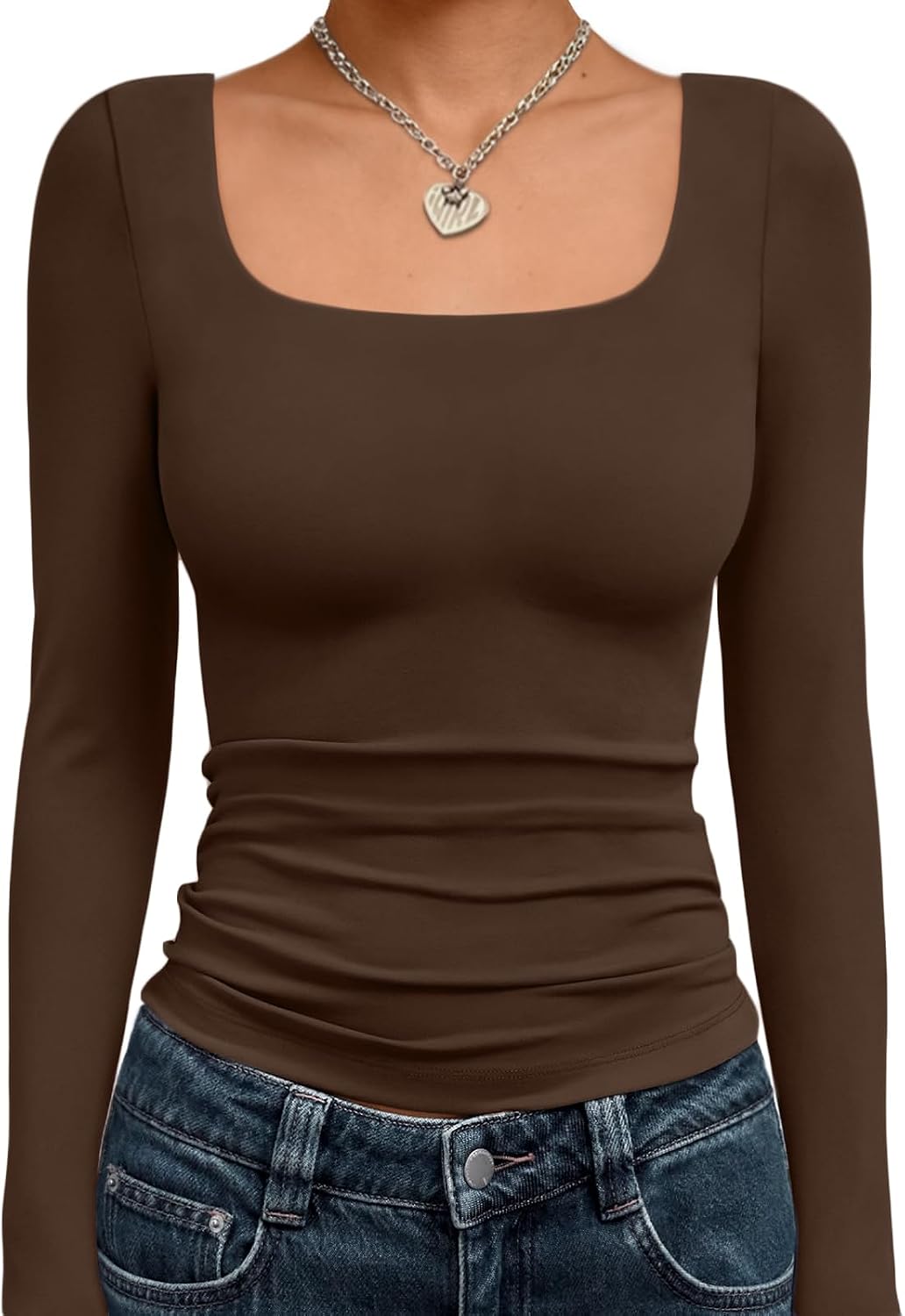 Trendy Queen Womens Square Neck Long Sleeve Shirts Double Lined Fall Tops