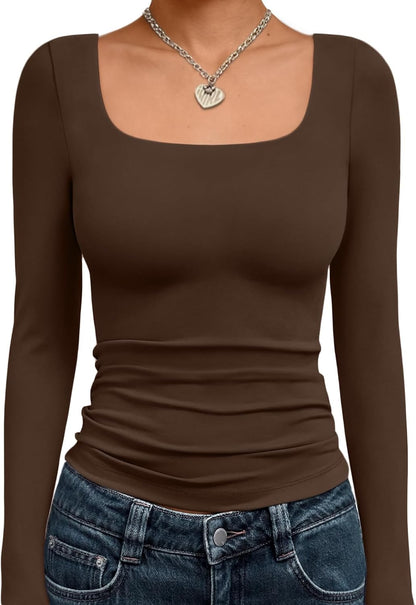 Trendy Queen Womens Square Neck Long Sleeve Shirts Double Lined Fall Tops