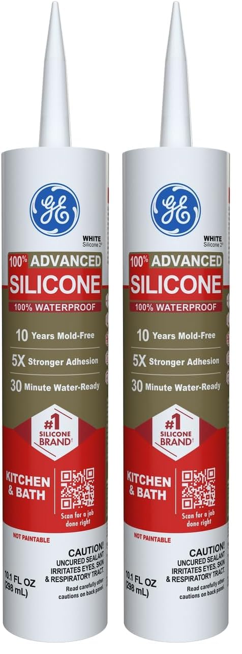GE Advanced Silicone Caulk for Kitchen & Bathroom, White, 10 fl oz Cartridge, 1 Pack - 100% Waterproof Silicone Sealant, 5X Stronger Adhesion, Shrink & Crack Proof