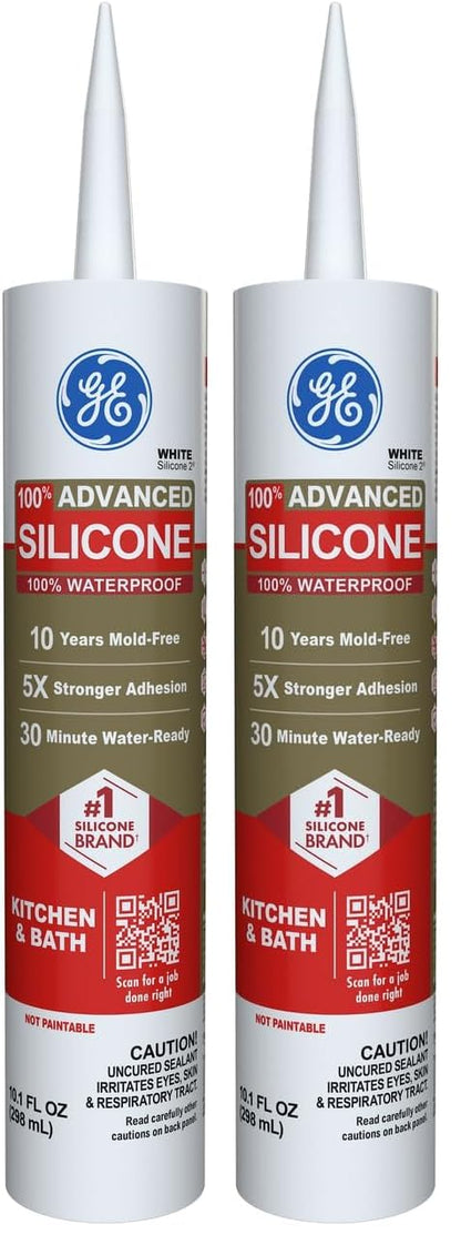 GE Advanced Silicone Caulk for Kitchen & Bathroom, White, 10 fl oz Cartridge, 1 Pack - 100% Waterproof Silicone Sealant, 5X Stronger Adhesion, Shrink & Crack Proof