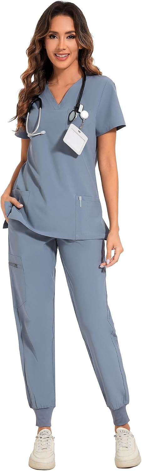 COZYFIT Scrubs for Women Set - Stretch V-Neck & Jogger Pant with 9 Pockets