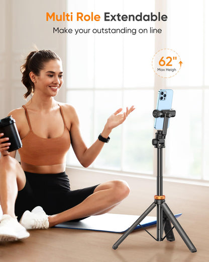 EUCOS 62" Tripod for iPhone, Sturdy Selfie Stick Tripod with Remote & Lightweight Phone Stand, Solidest Portable Cell Phone Tripod, Compatible iPhone Pro Max/Android [White]