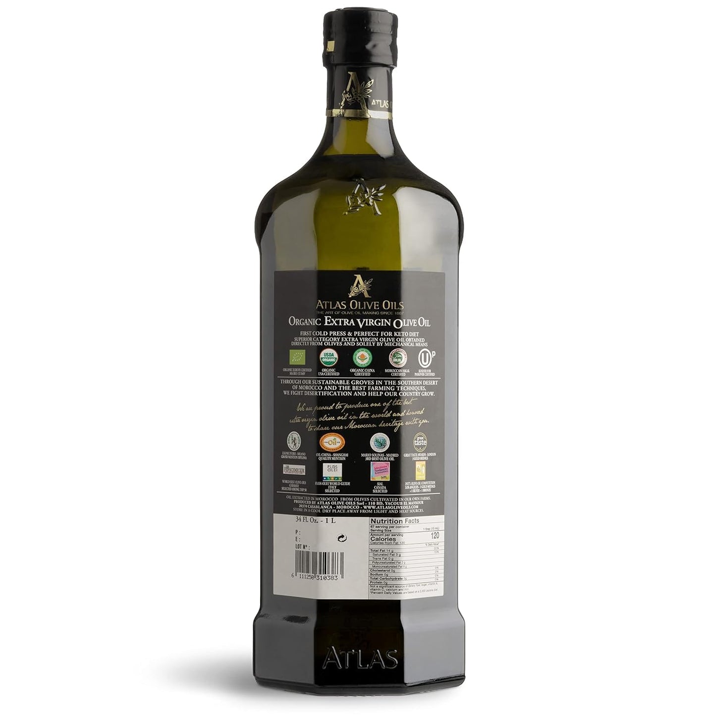 Atlas Organic Extra Virgin Olive Oil, Moroccan, High Polyphenol, 1 L