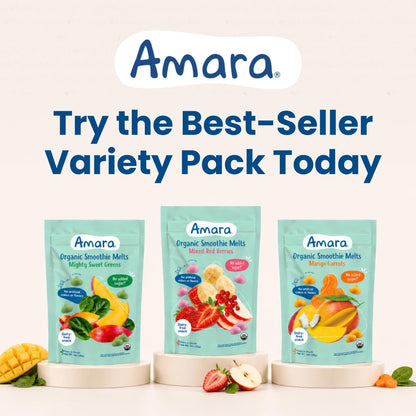 Amara Smoothie Melts - Mango Carrot - Organic Baby Snacks w/ Fruits & Veggies - Plant Based Yogurt Melts - Healthy Toddler Snack - Activity Book Included - Enjoy From 10+ Mos - 6 Resealable Bags