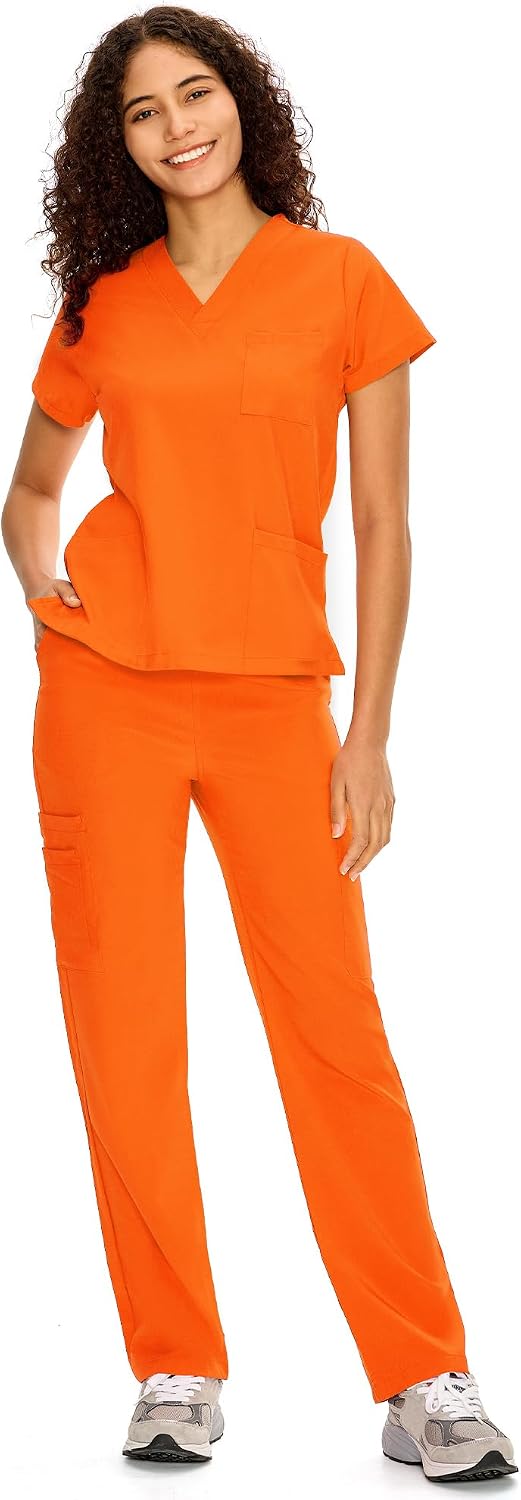 COZYFIT Scrubs for Women Set - V-Neck & Straight Leg Pants with 9 Pockets