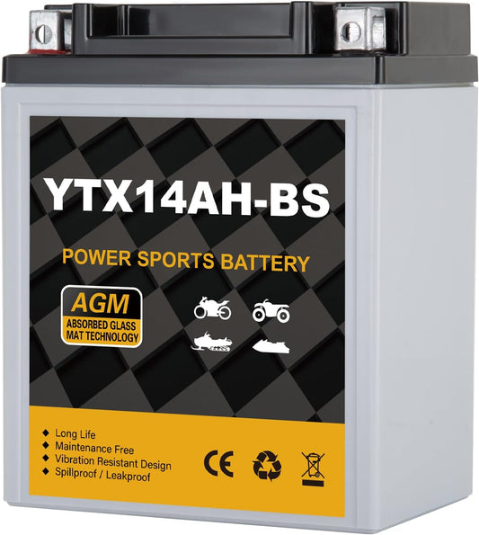 YTX14AH-BS 12V 12Ah Motorcycle Battery, 220CCA Rechargeable Maintenance Free Sealed AGM Battery, Powersport Replacement for ATV, UTV, Scooter