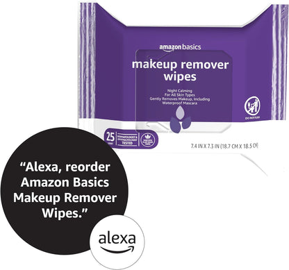 Amazon Basics Makeup Remover Wipes, Fragrance-Free, Alcohol-Free, Gentle Cleansing, Plant-Based, Dermatologist Tested, Removes Waterproof Mascara, Resealable, 25 Count, 1-Pack