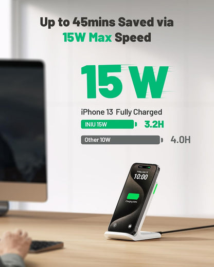 INIU Wireless Charger Station, 15W Fast Wireless Charging Stand for Official and Home Compatible with iPhone 17 16 15 14 13 12 Pro XS Samsung Galaxy S23 S22 S21 Note 20 Google etc