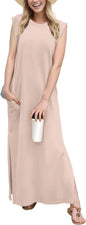 GRECERELLE 2026 Women Year-Round Casual Round Neck Loose Split Wrinkle-Free Long Maxi Vacation Dress with Pockets (XXS-4XL)