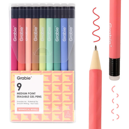 Grabie Erasable Gel Pens, 9 Medium Point 0.7 mm Pens, Classic