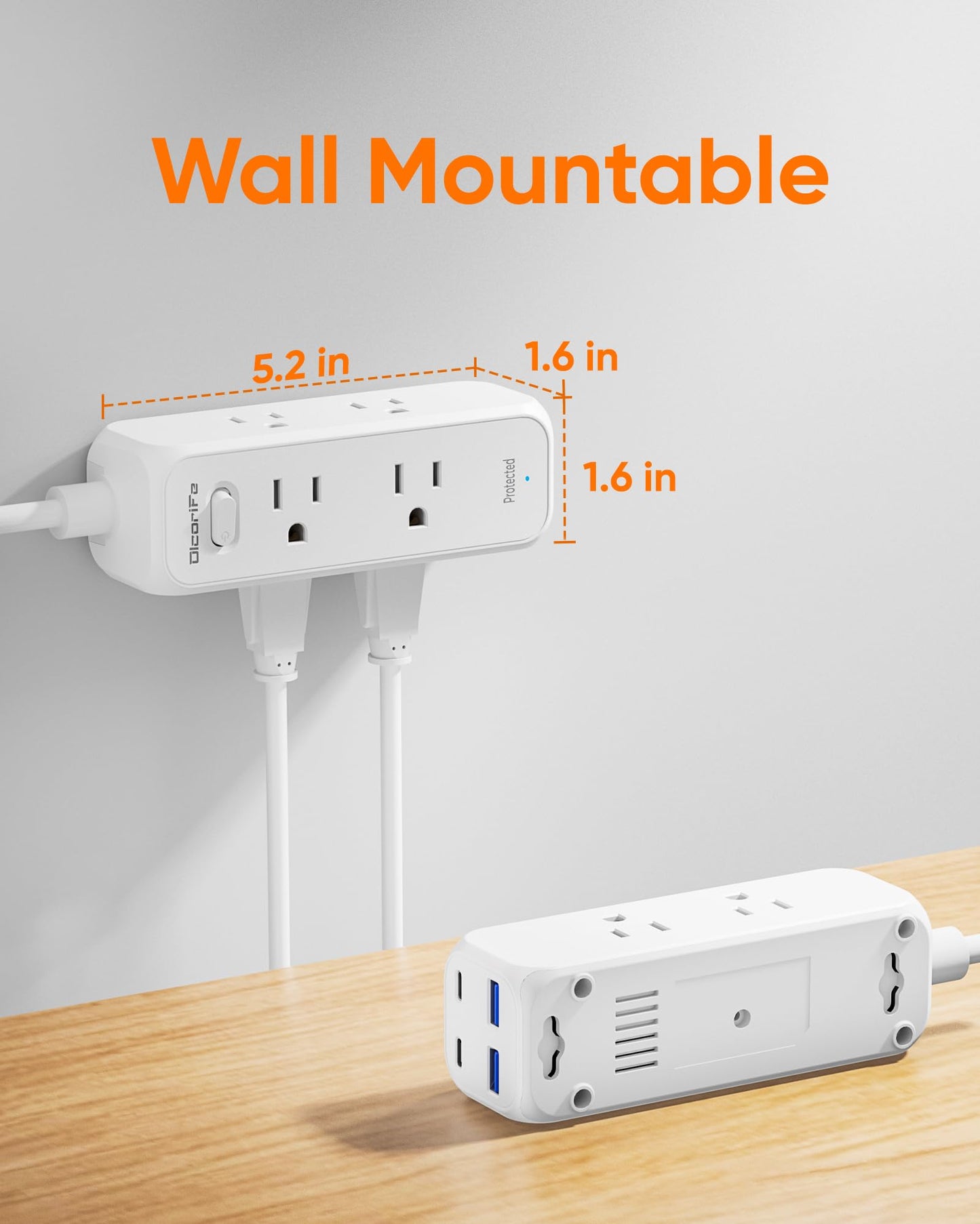 Olcorife Flat Plug Power Strip with 5 FT Extension Cord, 6 Outlets 3 USB Ports(1 USB C), 3 Sided Outlet Extender for Home Office Travel Dorm Room Essentials, White