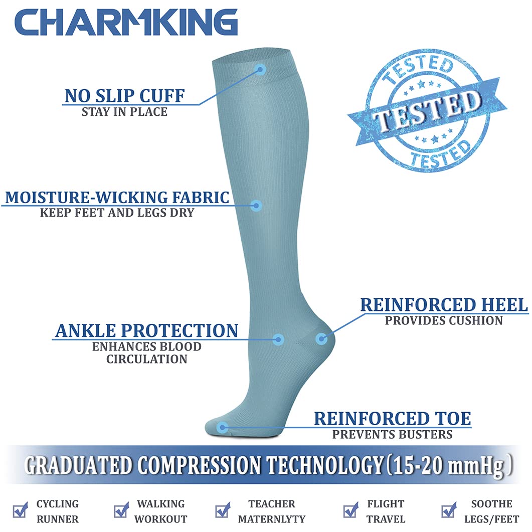 CHARMKING Compression Socks for Women & Men Circulation (3 Pairs) 15-20 mmHg is Best Support for Athletic Running Cycling