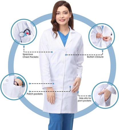 White Lab Coat for Women with Side-Slit Access and 3 Pockets for College