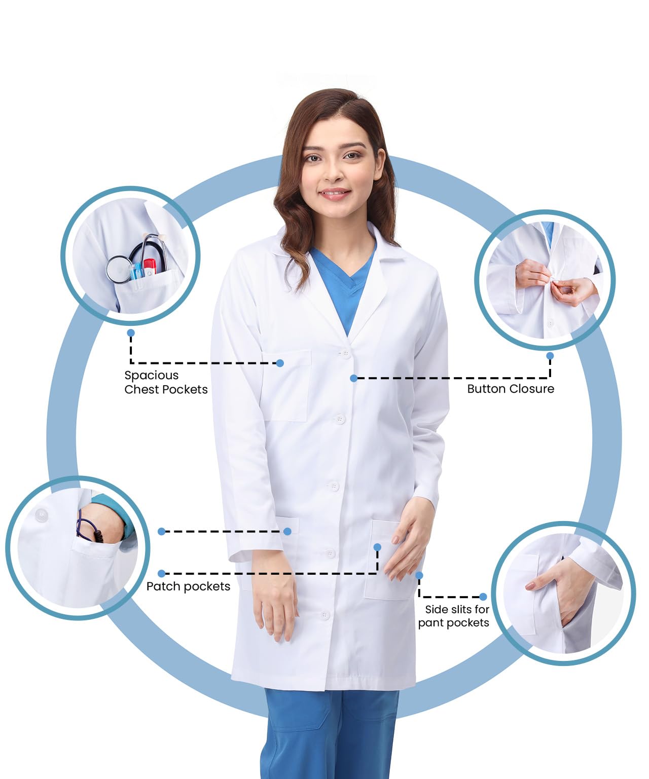 White Lab Coat for Women with Side-Slit Access and 3 Pockets for College