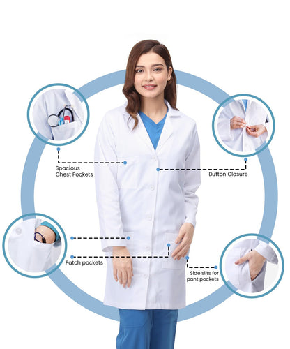 White Lab Coat for Women with Side-Slit Access and 3 Pockets for College