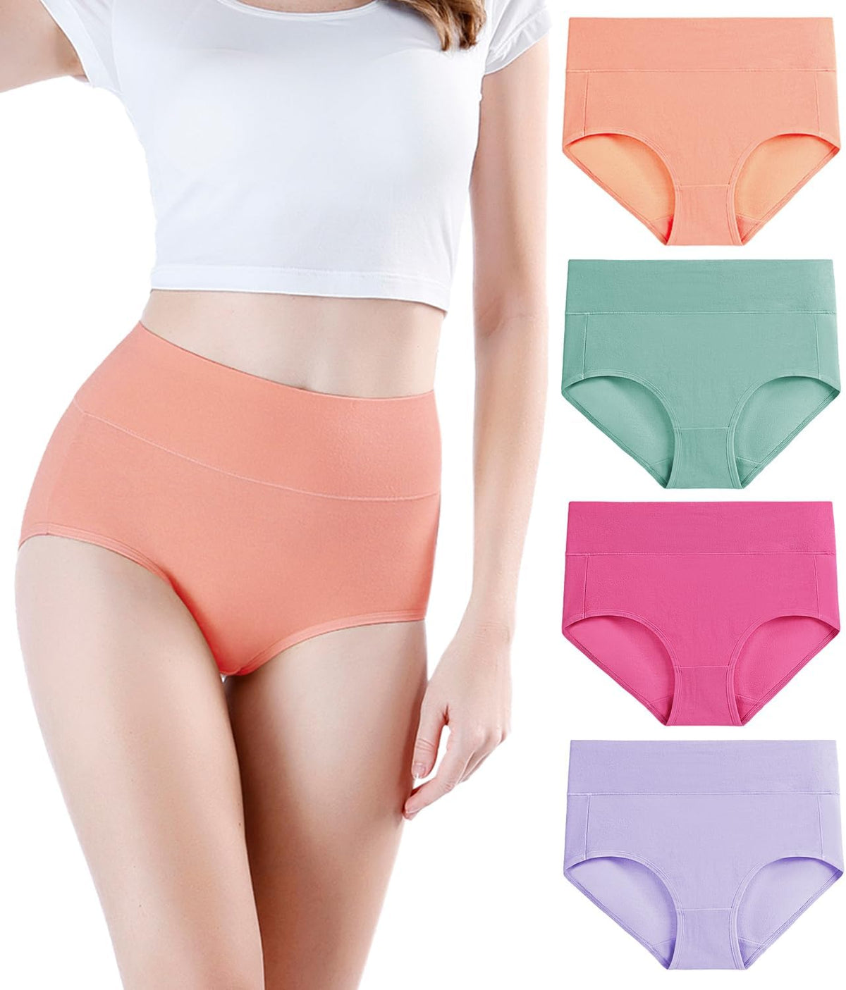 wirarpa Women's Cotton Underwear High Waisted Ladies Panties Full Coverage Briefs 4 Pack (Regular & Plus Size)