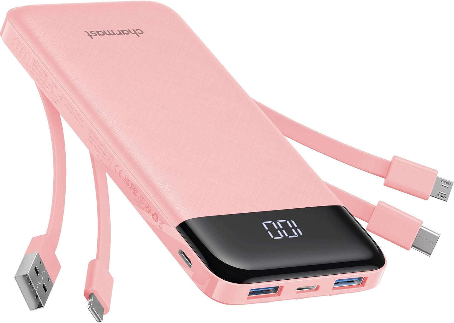 charmast Power Bank Portable Charger with Reinforced Built-in 4 Cables