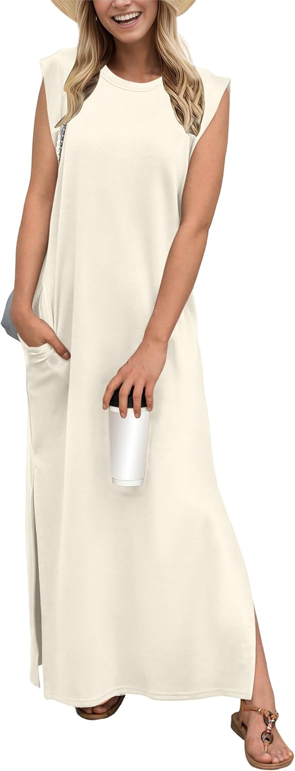 GRECERELLE 2026 Women Year-Round Casual Round Neck Loose Split Wrinkle-Free Long Maxi Vacation Dress with Pockets (XXS-4XL)