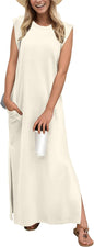 GRECERELLE 2026 Women Year-Round Casual Round Neck Loose Split Wrinkle-Free Long Maxi Vacation Dress with Pockets (XXS-4XL)
