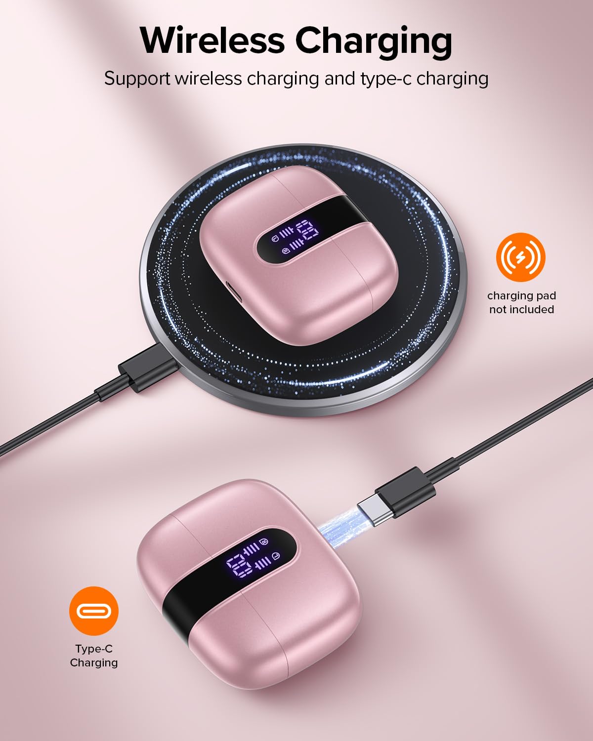 TAGRY Bluetooth Headphones True Wireless Earbuds 60H Playback LED Power Display Earphones with Wireless Charging Case IPX5 Waterproof in-Ear Ear buds with Mic for TV Smart Phone Laptop Computer Sports