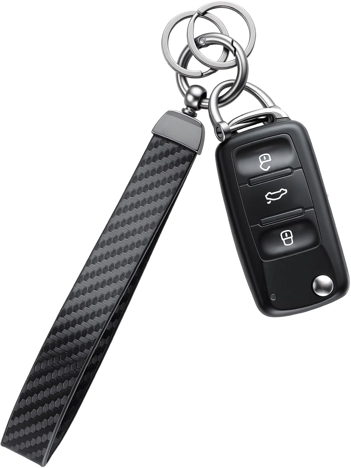 JUSTTOP Leather Keychain, Carbon Fiber Car Key Chain with Anti-Lost D-Ring and 2 Key Ring, Keychain Wristlet, Car Accessories, Universal Keychain for Men and Women (Black)