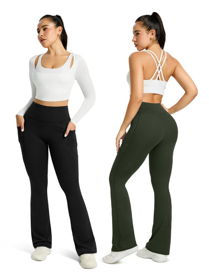 Womens Flared Yoga Pants with Pockets, High Waisted Flare Leggings Bell Bottom Bootcut Yoga Dress Pants