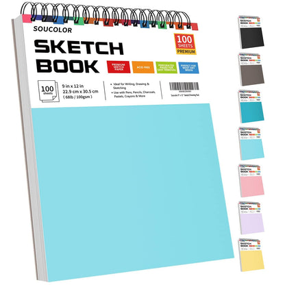 Soucolor Sketch Book 9" x 12", 100 Sheets Kids Art Sketchbook Drawing Pad
