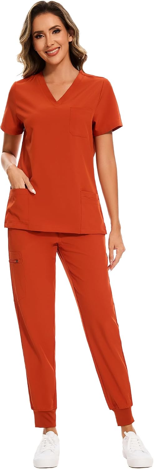 COZYFIT Scrubs for Women Set - Stretch V-Neck & Jogger Pant with 9 Pockets