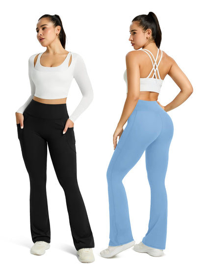 Womens Flared Yoga Pants with Pockets, High Waisted Flare Leggings Bell Bottom Bootcut Yoga Dress Pants