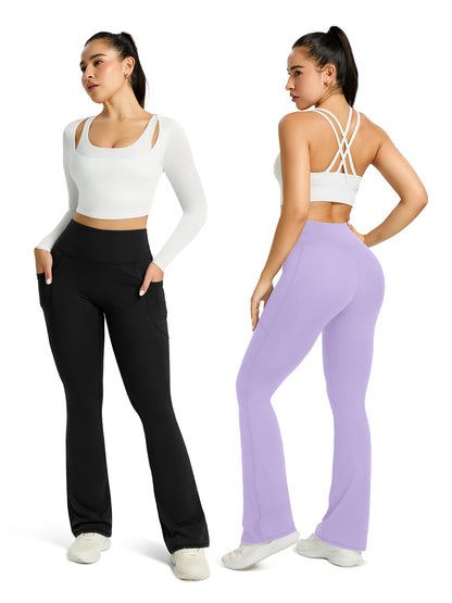 Womens Flared Yoga Pants with Pockets, High Waisted Flare Leggings Bell Bottom Bootcut Yoga Dress Pants