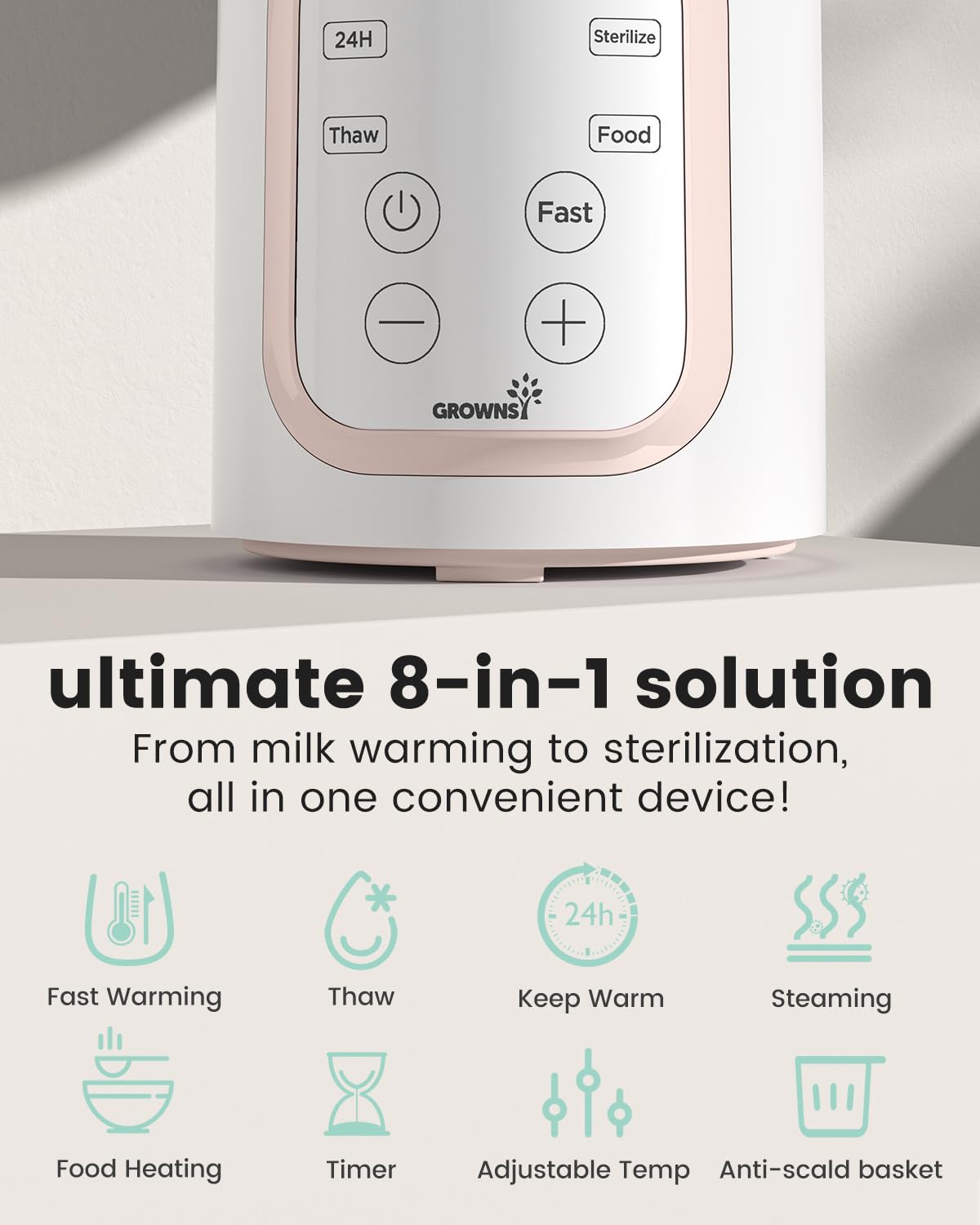 Grownsy 8-in-1 OG Fast Bottle Warmer with Timer, Gray