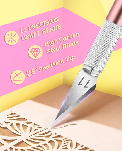 DIYSELF Exacto Knife Set with 10 Extra #11 Blades, 6-Inch Metal Ruler, Pink