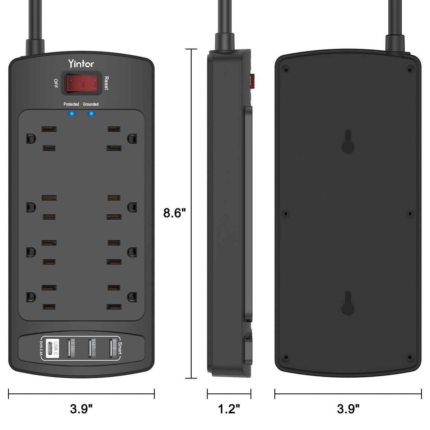 Yintar 6Ft Surge Protector Power Strip with 8 Outlets and 4 USB Ports
