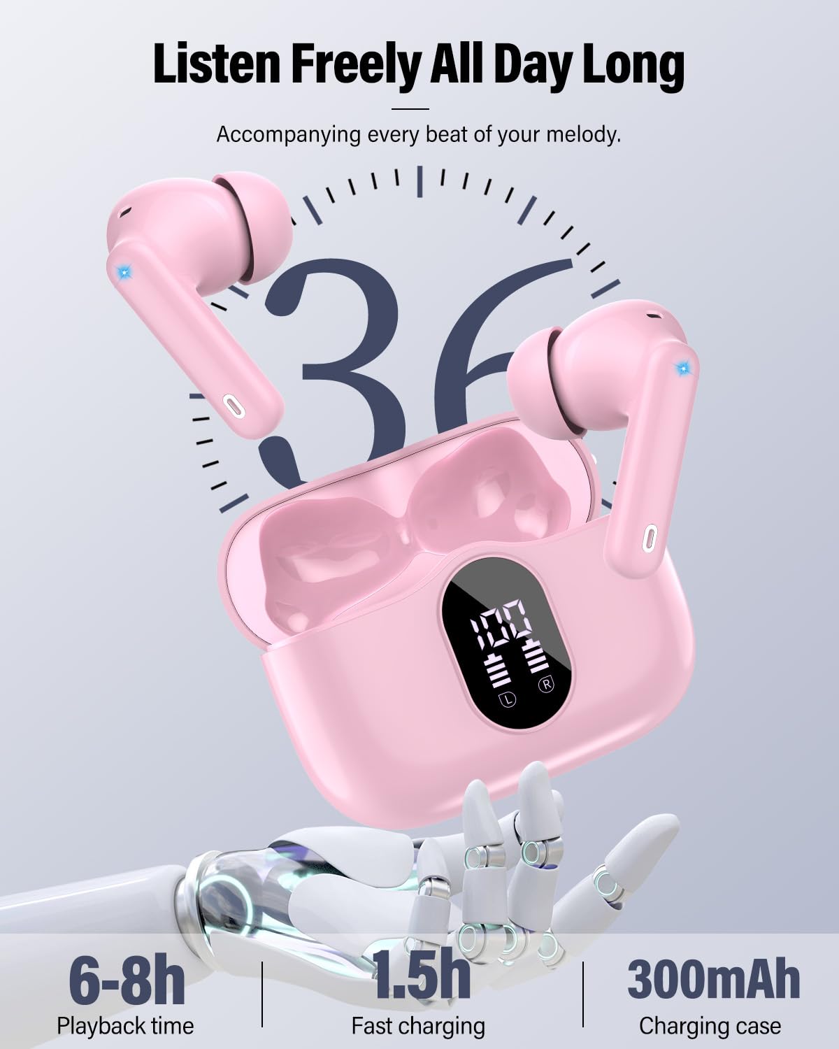 Wireless Earbuds, Bluetooth 5.4 Headphones Bass Stereo/Clear Calls, Black