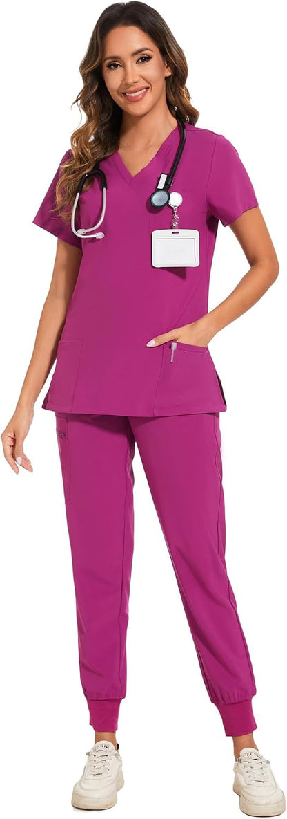 COZYFIT Scrubs for Women Set - Stretch V-Neck & Jogger Pant with 9 Pockets