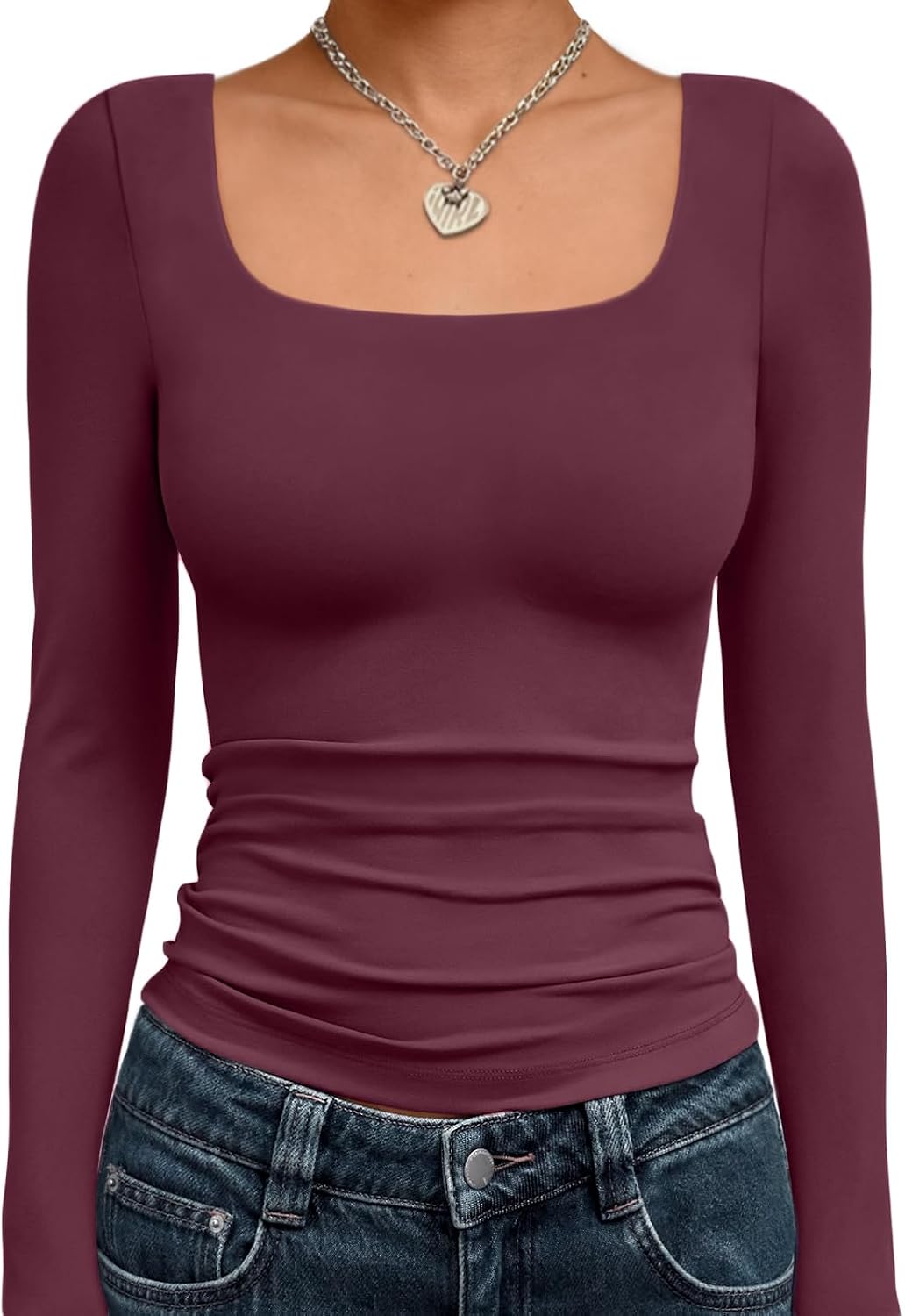 Trendy Queen Womens Square Neck Long Sleeve Shirts Double Lined Fall Tops