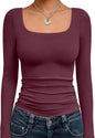 Trendy Queen Womens Square Neck Long Sleeve Shirts Double Lined Fall Tops