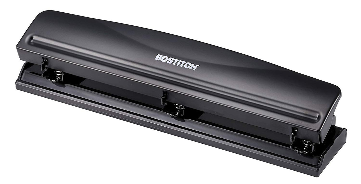 Bostitch Office Premium 3 Hole Punch, 12 Sheet Capacity, Metal, Rubber Base, Easy-Clean Tray, Silver