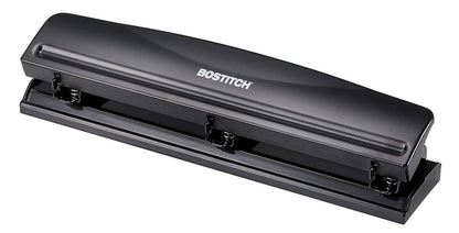 Bostitch Office Premium 3 Hole Punch, 12 Sheet Capacity, Metal, Rubber Base, Easy-Clean Tray, Silver