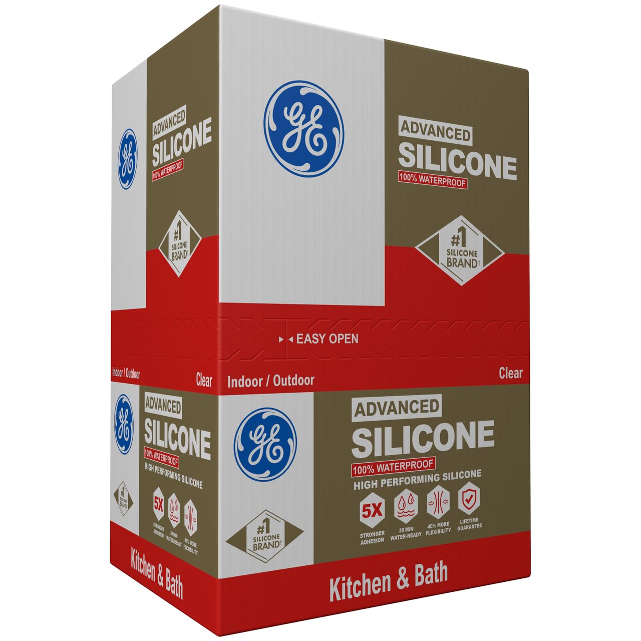 GE Advanced Silicone Caulk for Kitchen & Bathroom, White, 10 fl oz Cartridge, 1 Pack - 100% Waterproof Silicone Sealant, 5X Stronger Adhesion, Shrink & Crack Proof