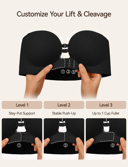 LUCKMEEY Women's Strapless Front Closure Push Up Bra, Non-Slip Removable Straps, Wireless Seamless, A-C Cup