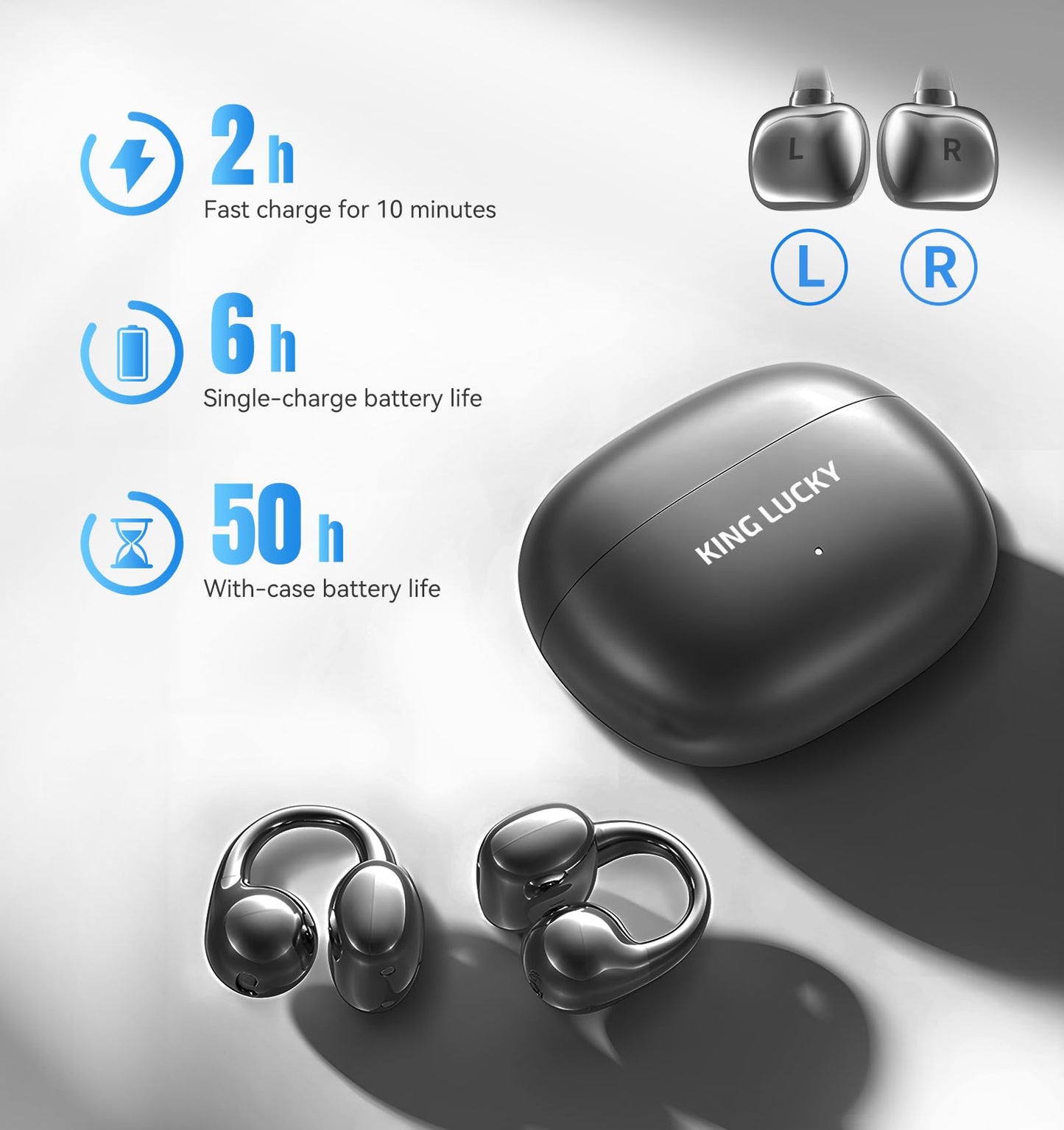 King Lucky Clip-On Earbuds Gen 3, Open-Ear Wireless Bluetooth 6.0 Headphones with Mic, Secure Fit for Small Ears & Glasses Wearers, 50H Playtime, ENC, IPX5 Waterproof Sport Ear Buds (Purple)