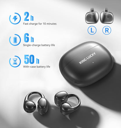 King Lucky Clip-On Earbuds Gen 3, Open-Ear Wireless Bluetooth 6.0 Headphones with Mic, Secure Fit for Small Ears & Glasses Wearers, 50H Playtime, ENC, IPX5 Waterproof Sport Ear Buds (Purple)